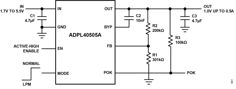 애플리케이션 회로도 - Analog Devices / Maxim Integrated ADPL40505A LDO(로우 드롭아웃) 선형 조정기