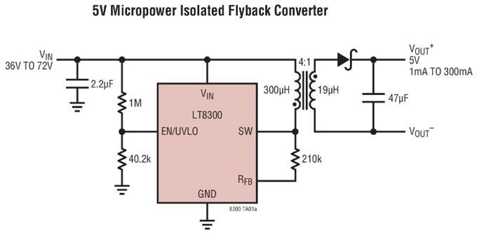 애플리케이션 회로도 - Analog Devices Inc. LT830x 마이크로파워 절연 플라이백 컨버터