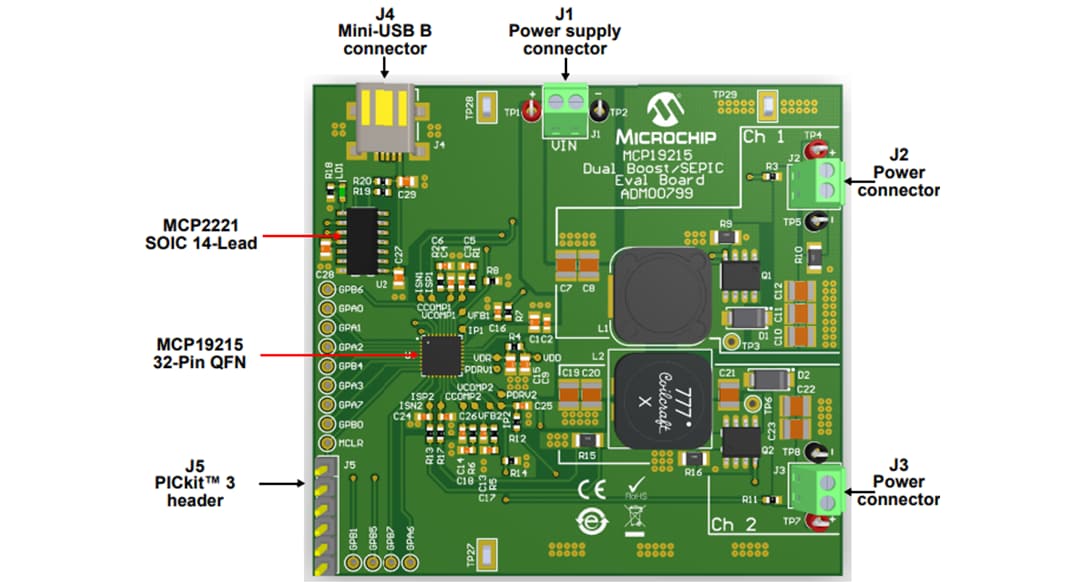 Microchip Technology MCP19215 듀얼 부스트/SEPIC 평가 보드