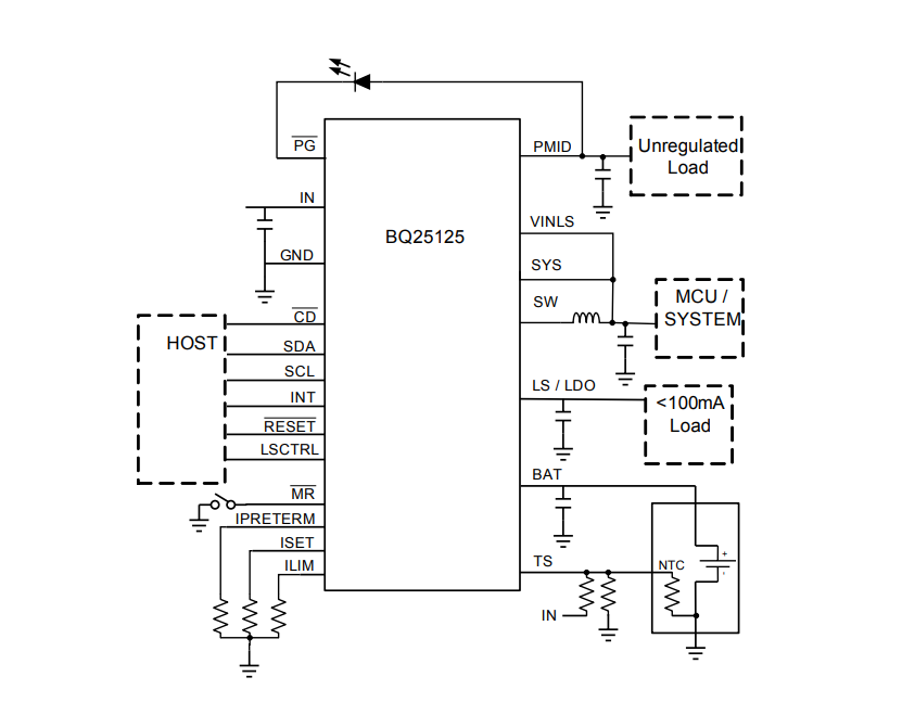 계통도 - Texas Instruments bq25125 배터리 충전 관리 IC