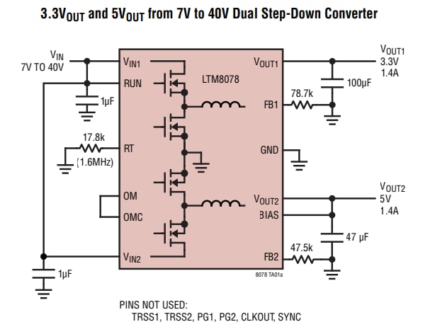 애플리케이션 회로도 - Analog Devices Inc. LTM8078 40VIN Silent Switcher® µModule® 조정기
