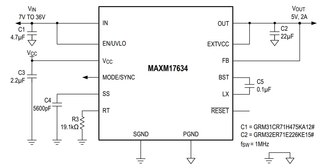 블록 선도 - Analog Devices Inc. MAXM17633, MAXM17634, MAXM17635 전력 모듈