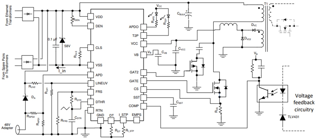 애플리케이션 회로도 - Texas Instruments TPS23734 IEEE 802.3bt PoE PD IC