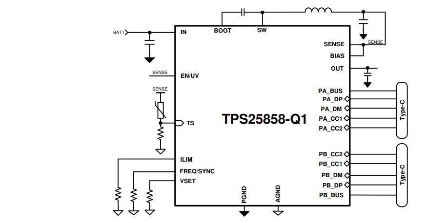 계통도 - Texas Instruments TPS25858-Q1 USB Type-C® 충전 포트 컨트롤러