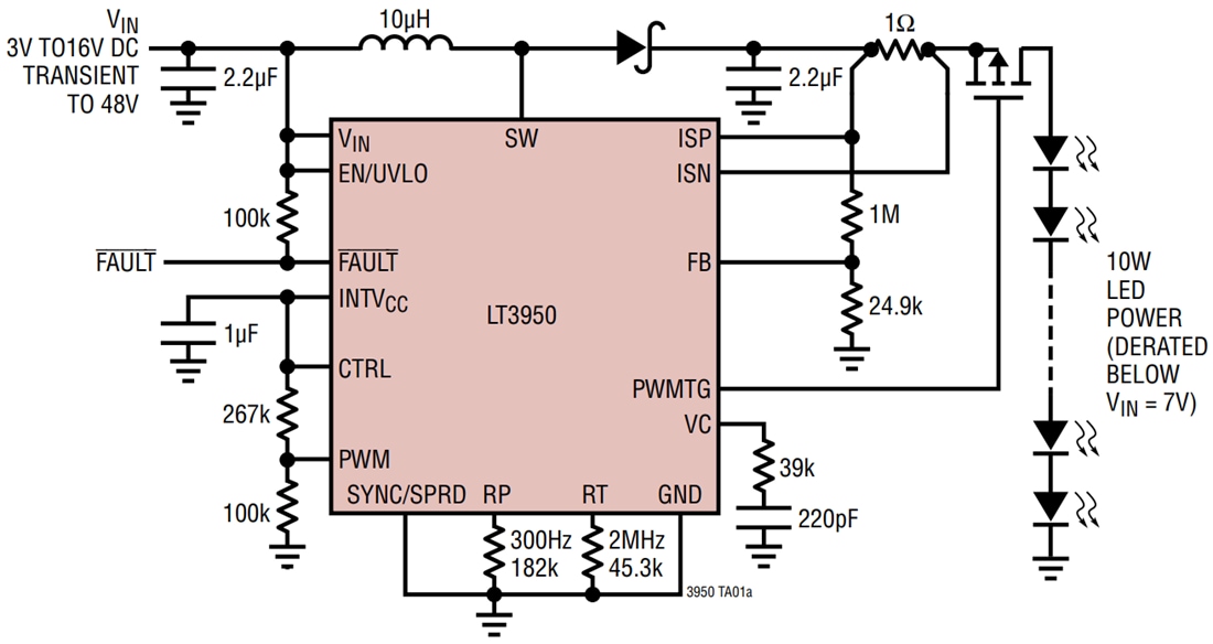 애플리케이션 회로도 - Analog Devices Inc. LT3950 60V 1.5A LED 드라이버