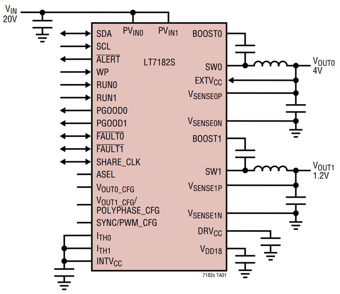 애플리케이션 회로도 - Analog Devices Inc. LT7182S 듀얼 출력 강압 레귤레이터
