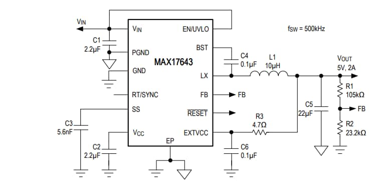애플리케이션 회로도 - Analog Devices / Maxim Integrated MAX17643 강압 DC-DC 컨버터