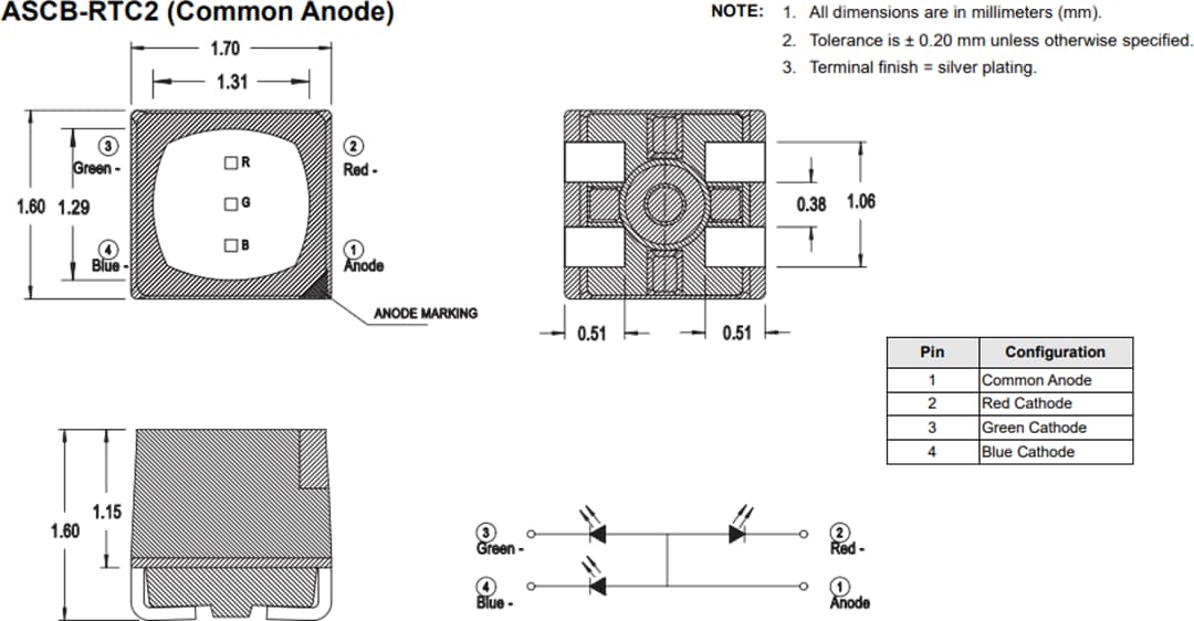 기계 도면 - Broadcom ASCB-RTCx 3색 PLCC-4 LED