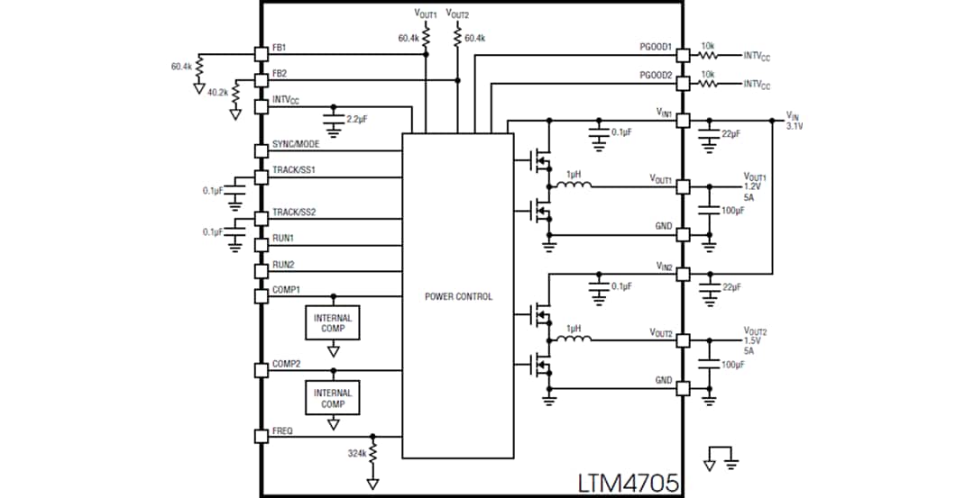 블록 선도 - Analog Devices Inc. LTM4705 DC-DC μModule® 레귤레이터 블록 선도 - Analog Devices Inc. LTM4705 DC-DC μModule® 레귤레이터