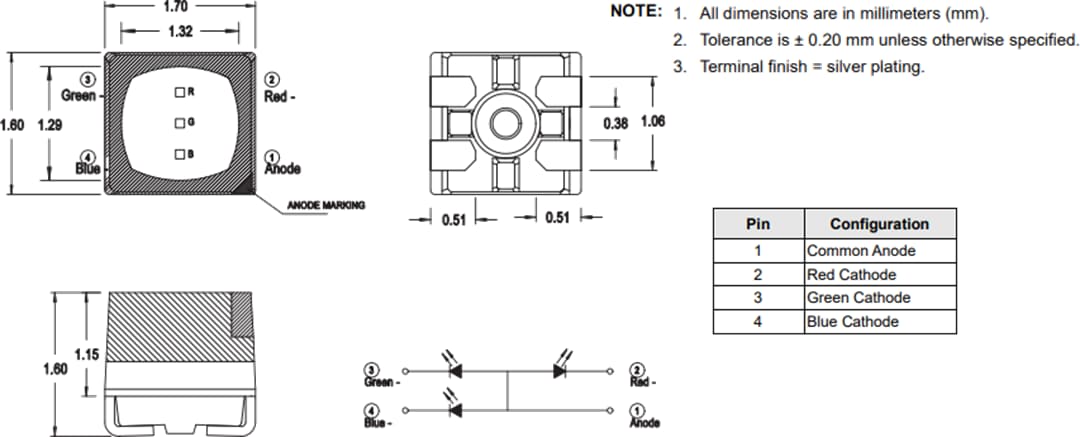 기계 도면 - Broadcom ASCB-RTF2 3색 PLCC-4 LED