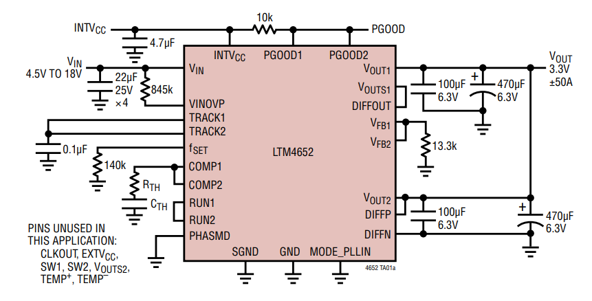 애플리케이션 회로도 - Analog Devices Inc. LTM4652 µModule® 레귤레이터