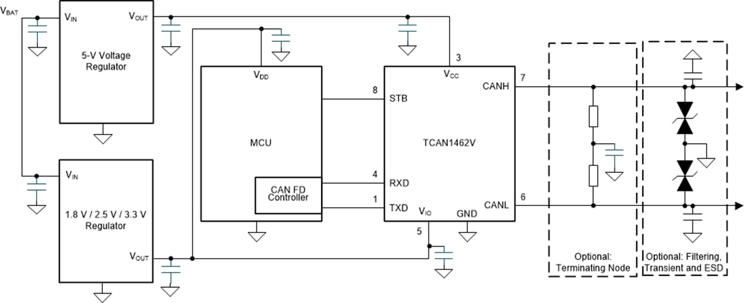 애플리케이션 회로도 - Texas Instruments TCAN1462x-Q1 자동차용 SIC CAN FD 송수신기 애플리케이션 회로도 - Texas Instruments TCAN1462x-Q1 자동차용 SIC CAN FD 송수신기