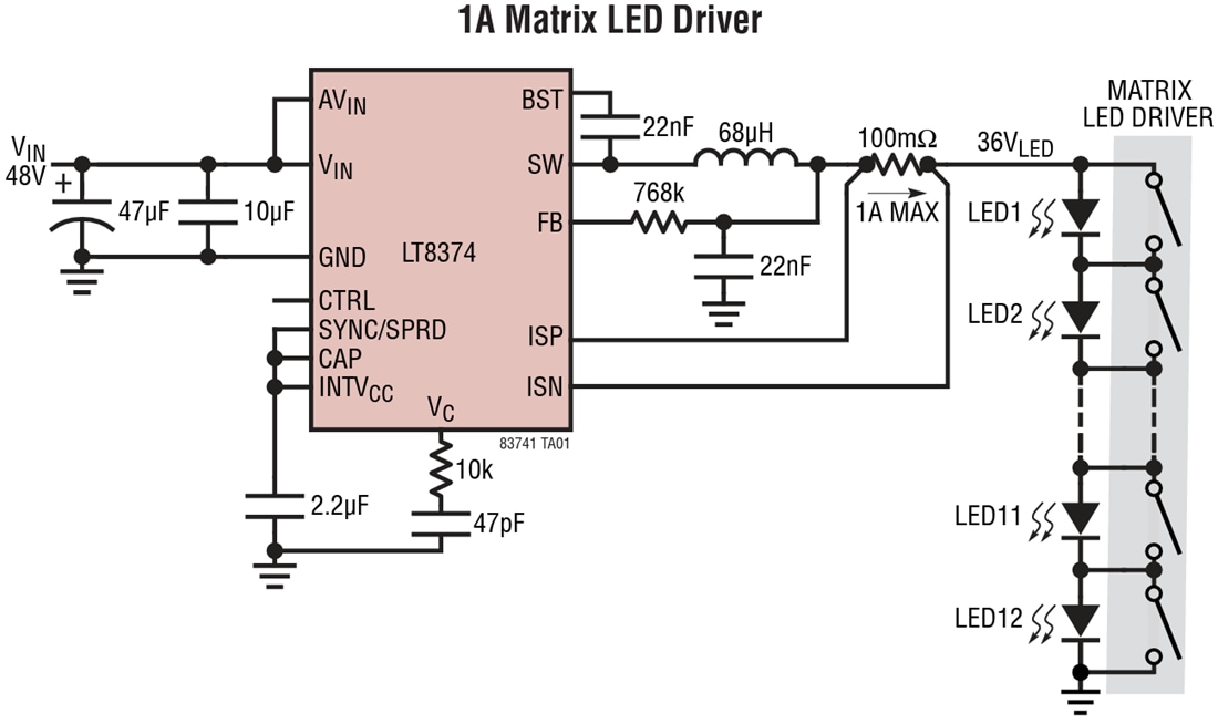 애플리케이션 회로도 - Analog Devices Inc. LT8374 동기식 강압 LED 드라이버 애플리케이션 회로도 - Analog Devices Inc. LT8374 동기식 강압 LED 드라이버