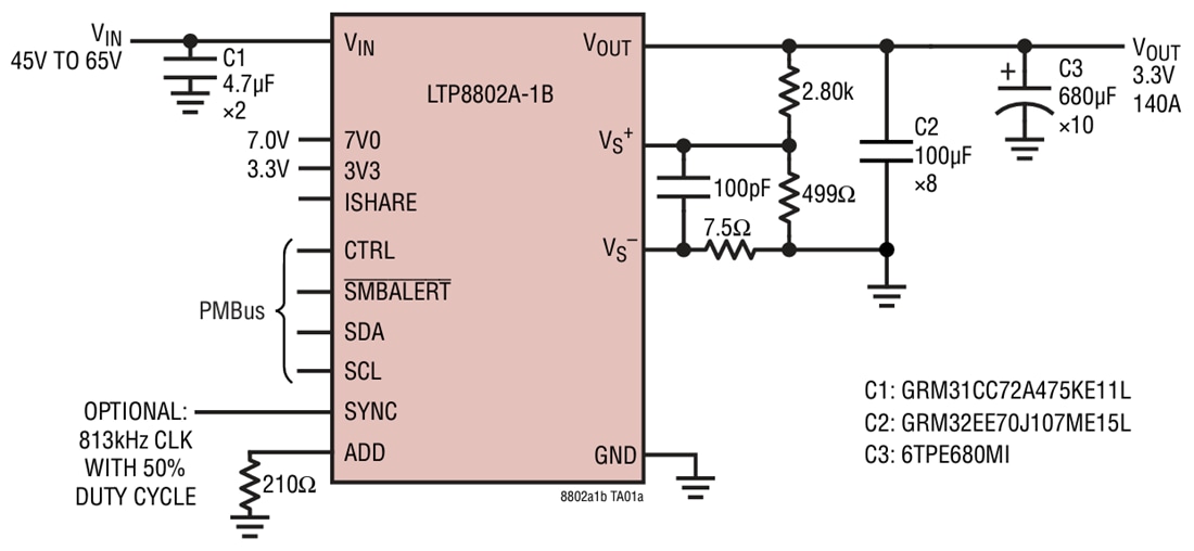 애플리케이션 회로도 - Analog Devices Inc. LTP8802A-1B 54V 140A DC/DC μModule 레귤레이터