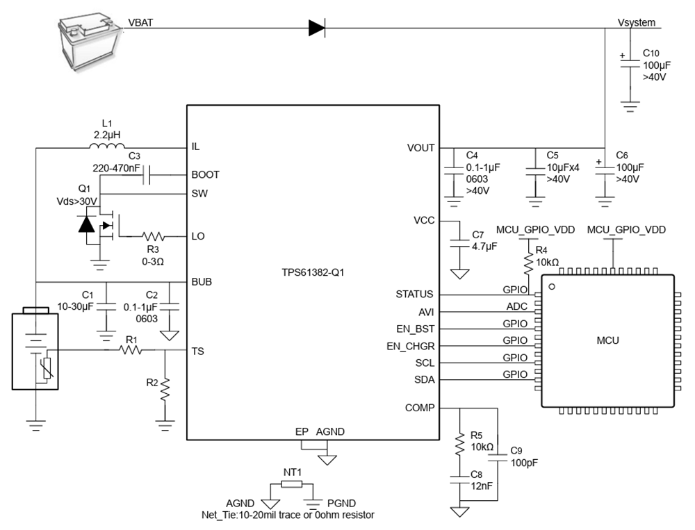 애플리케이션 회로도 - Texas Instruments TPS61382-Q1 400kHz 40V 15A 부스트 컨버터