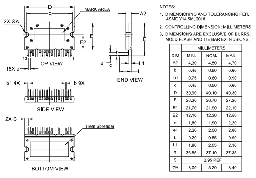 기계 도면 - onsemi NXVF6532M3TG01650 VEliteSiC H-브리지 전력 MOSFET