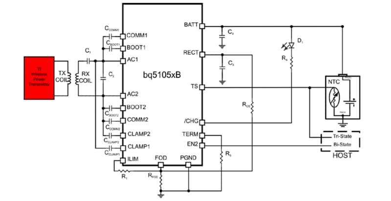 Typical System Block showing bq5105x used as a wireless Power Li-Ion/Li-Pol battery
	charger