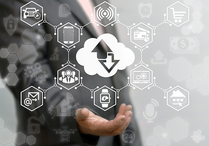 Cloud Internet of Things Concept. Smart city. Web Storage IoT Technology. Business, Industry 4, intelligence house. Intellectual home mobile control process. Man offers cloud with cogwheel arrows icon