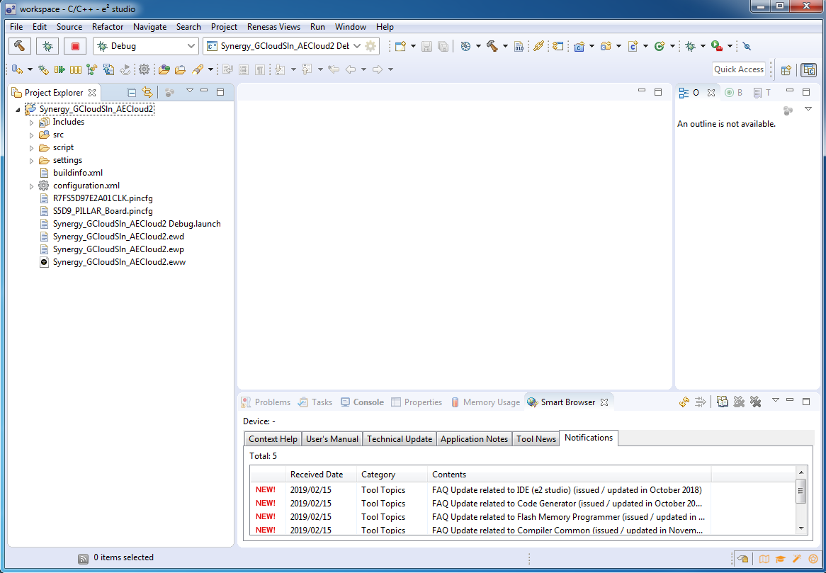 Your files for the project should appear in the Renesas e&sup2; studio workspace when the import step is complete.