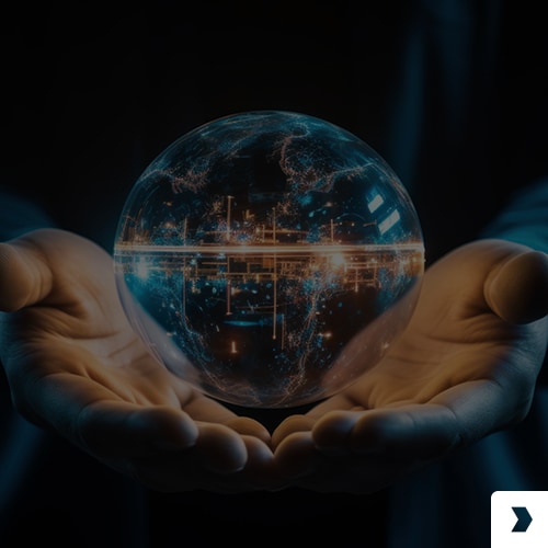 한 사람이 지구본을 손에 들고 있음.