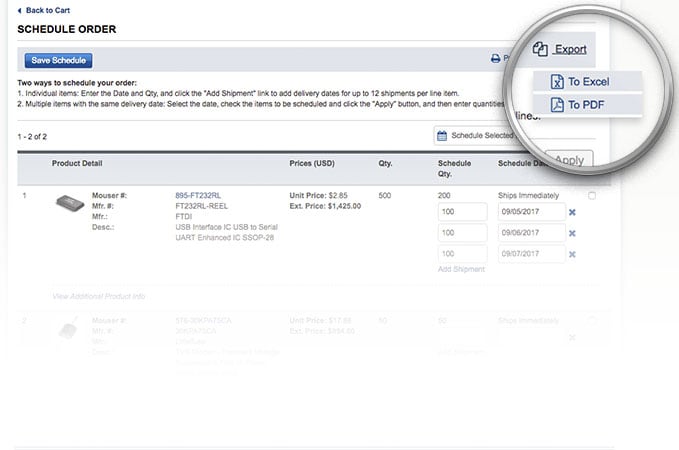 예약 주문 페이지의 내보내기 드롭다운 옵션.